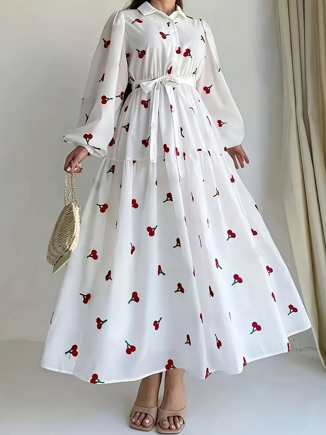 Cherry Print A-Line Maxi Dress with Collar & Puffed Short Sleeves
