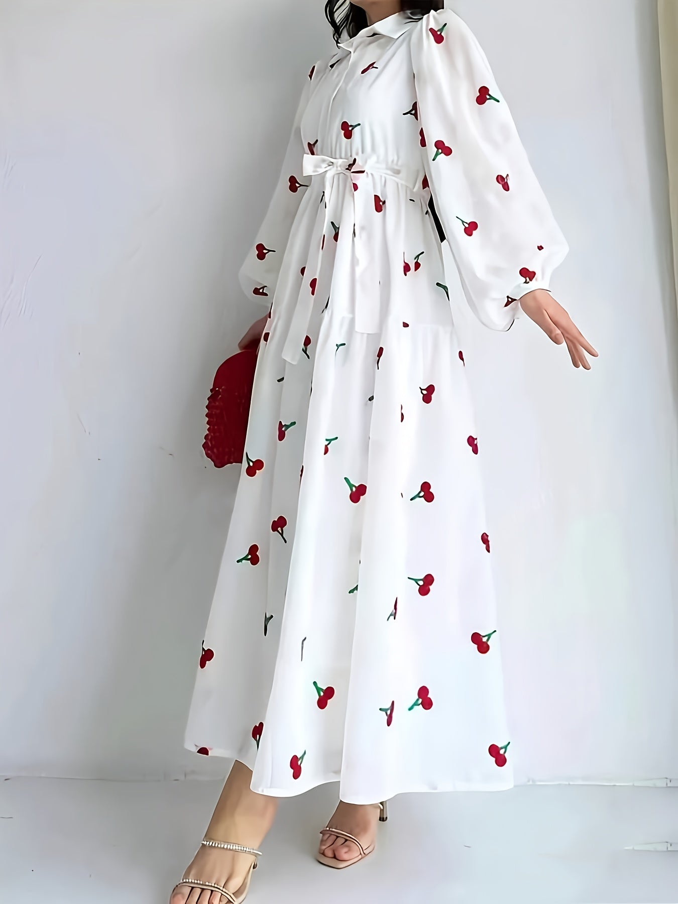 Cherry Print A-Line Maxi Dress with Collar & Puffed Short Sleeves