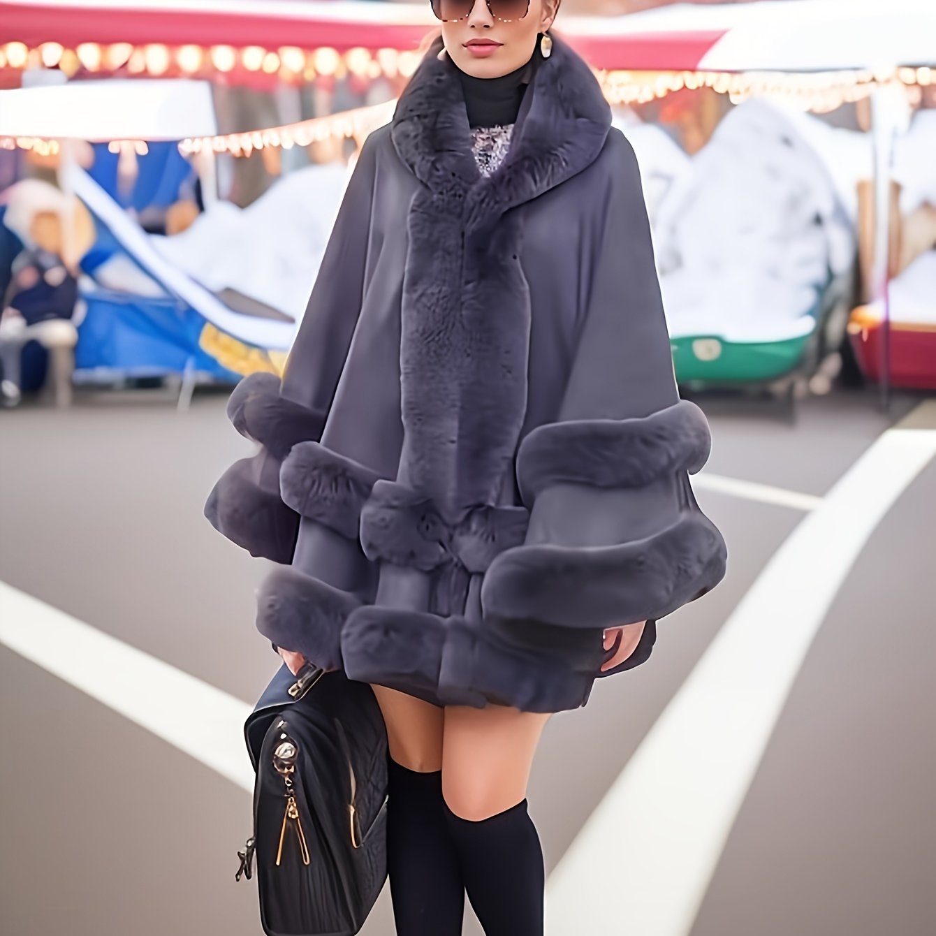 Faux Rabbit Fur-Lined Hooded Cape