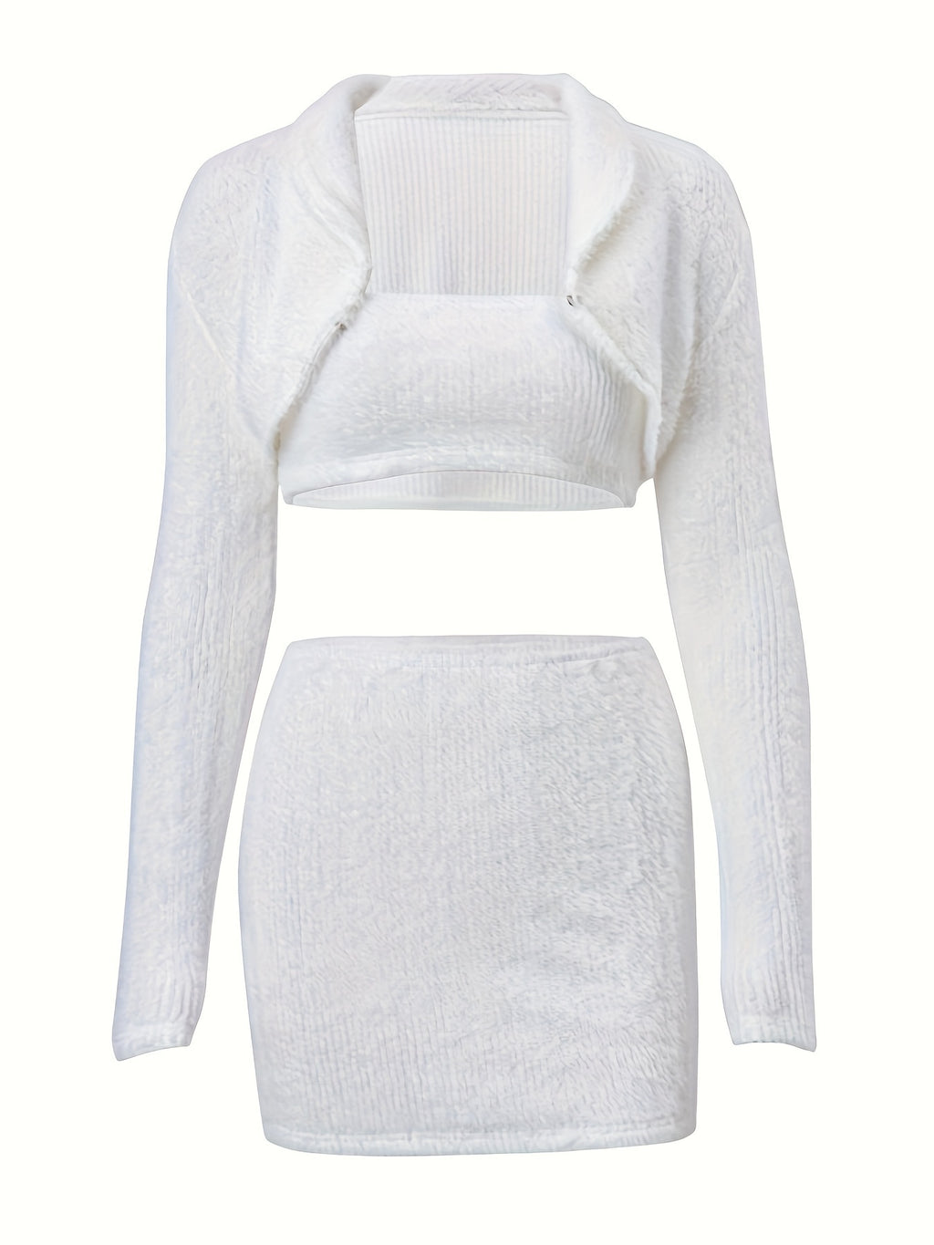 Hook Buckle Long Sleeve Crop Cardigan & Tube Top & Mini Skirt Outfit