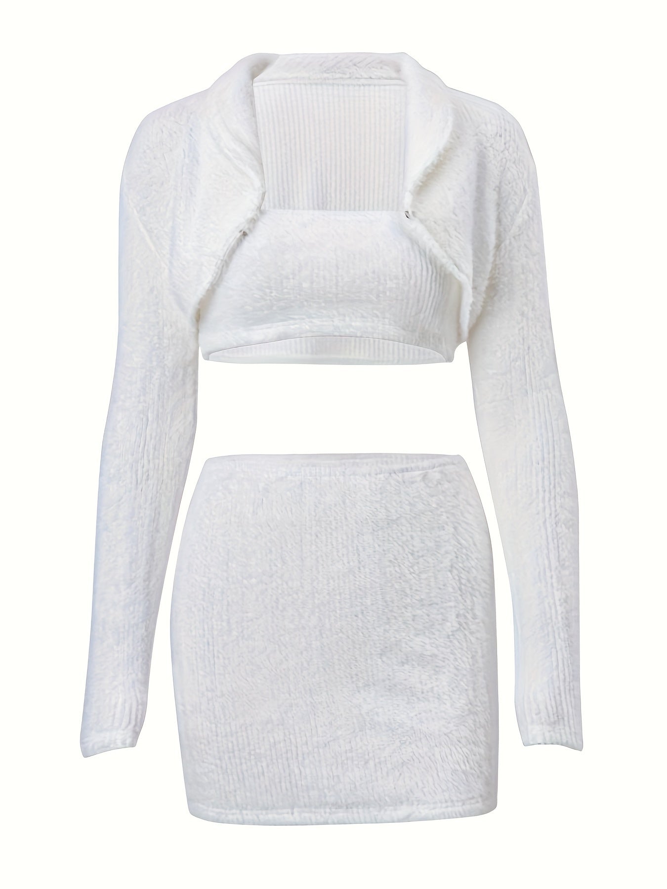 Hook Buckle Long Sleeve Crop Cardigan & Tube Top & Mini Skirt Outfit