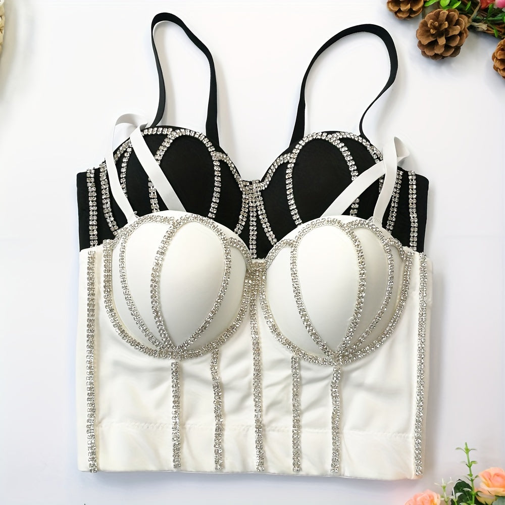 #8185 French Design Sleeveless Vest, Niche Shaping Underwear for Women, Fishbone Top with Studs and Shiny Rhinestones, Women'S Group Tightening Wrap Chest