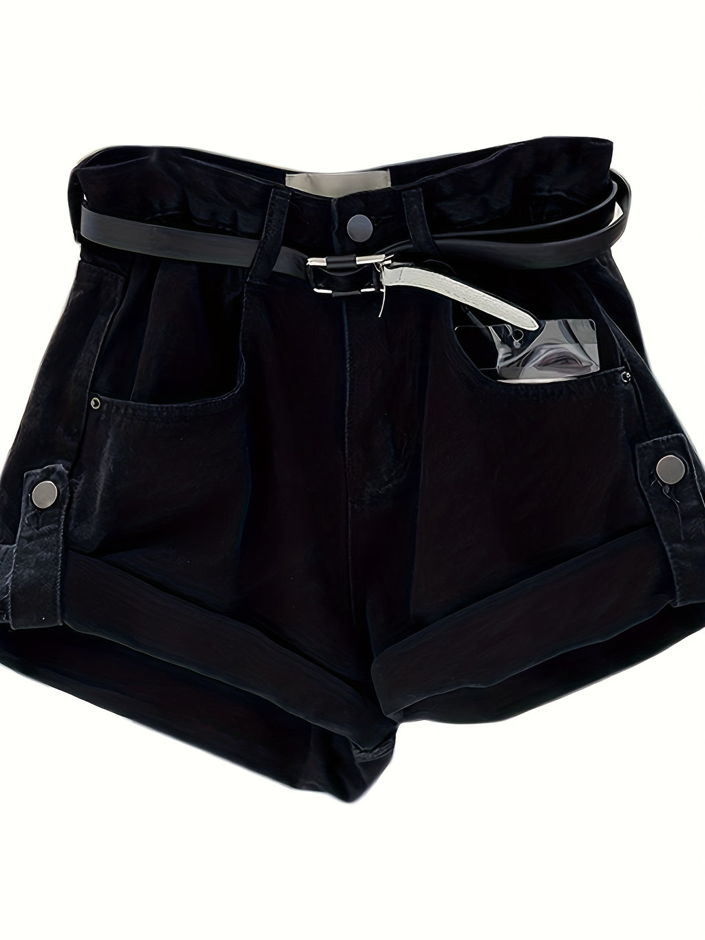 High Waisted Rolled Hem Straight Leg Wide Denim Shorts