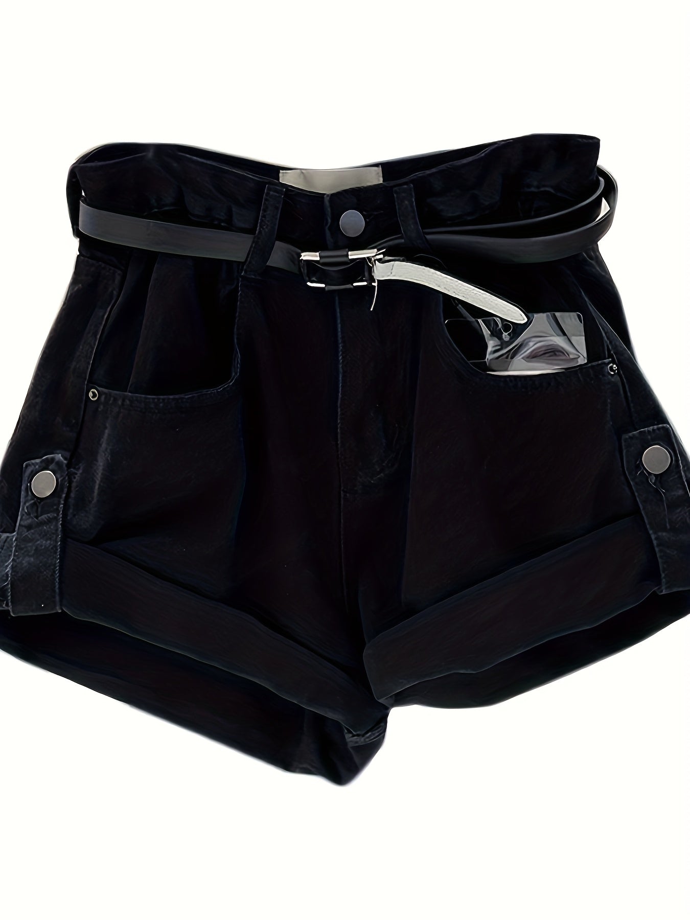 High Waisted Rolled Hem Straight Leg Wide Denim Shorts