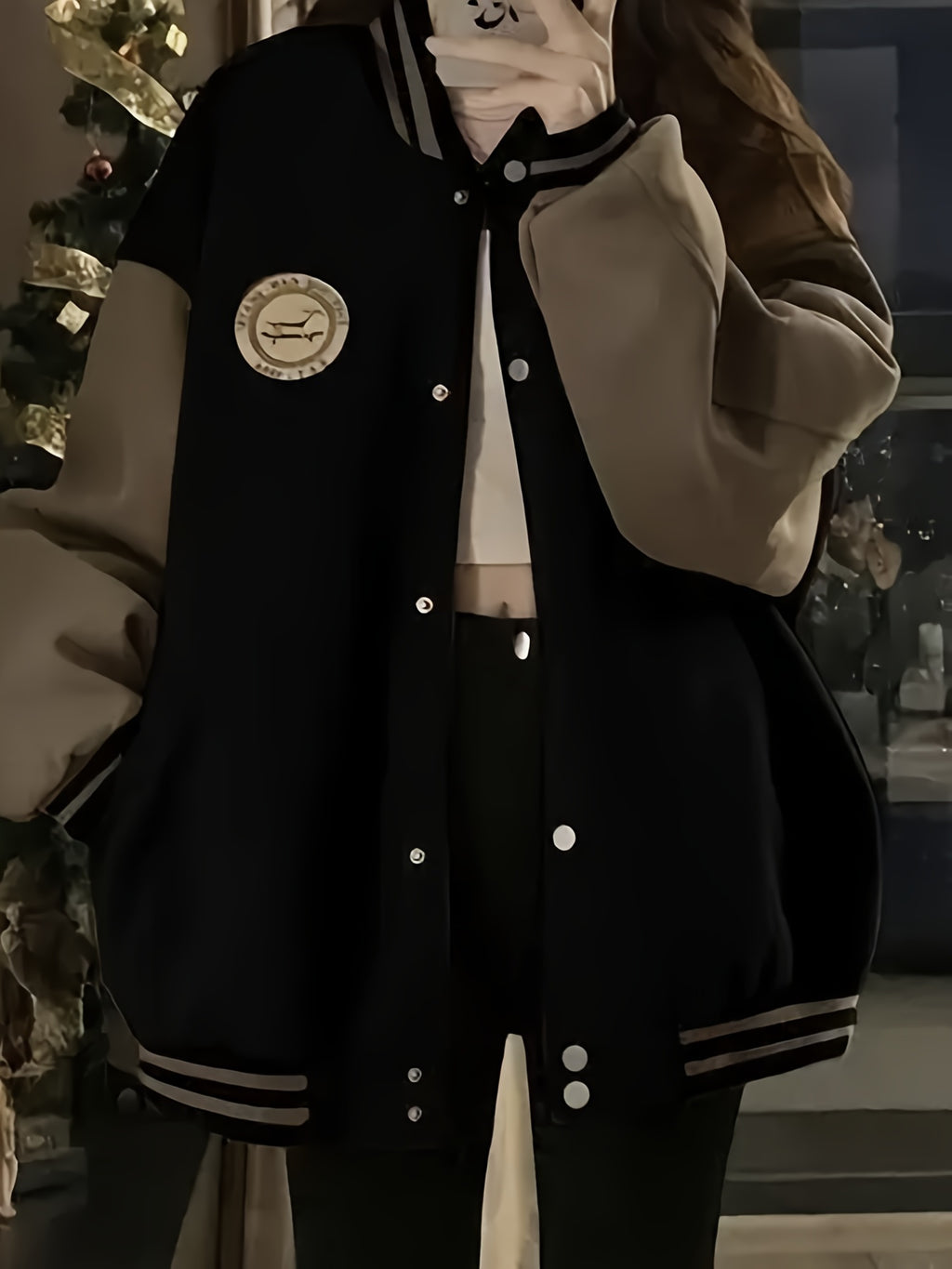 Women's Retro-Inspired Baseball Jacket - Casual, Thick & Loose Fit with Button Detail, Machine Washable