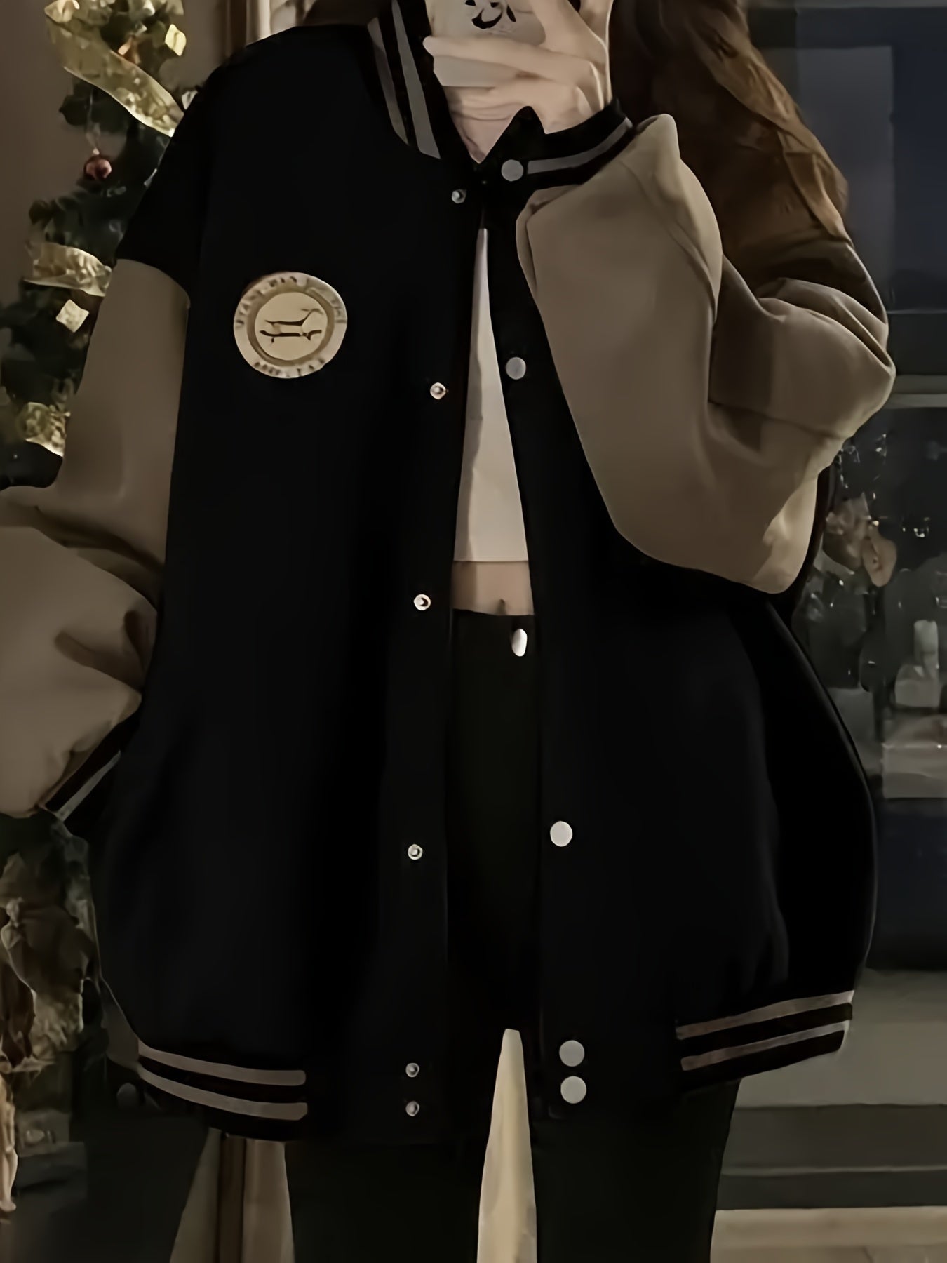 Women's Retro-Inspired Baseball Jacket - Casual, Thick & Loose Fit with Button Detail, Machine Washable