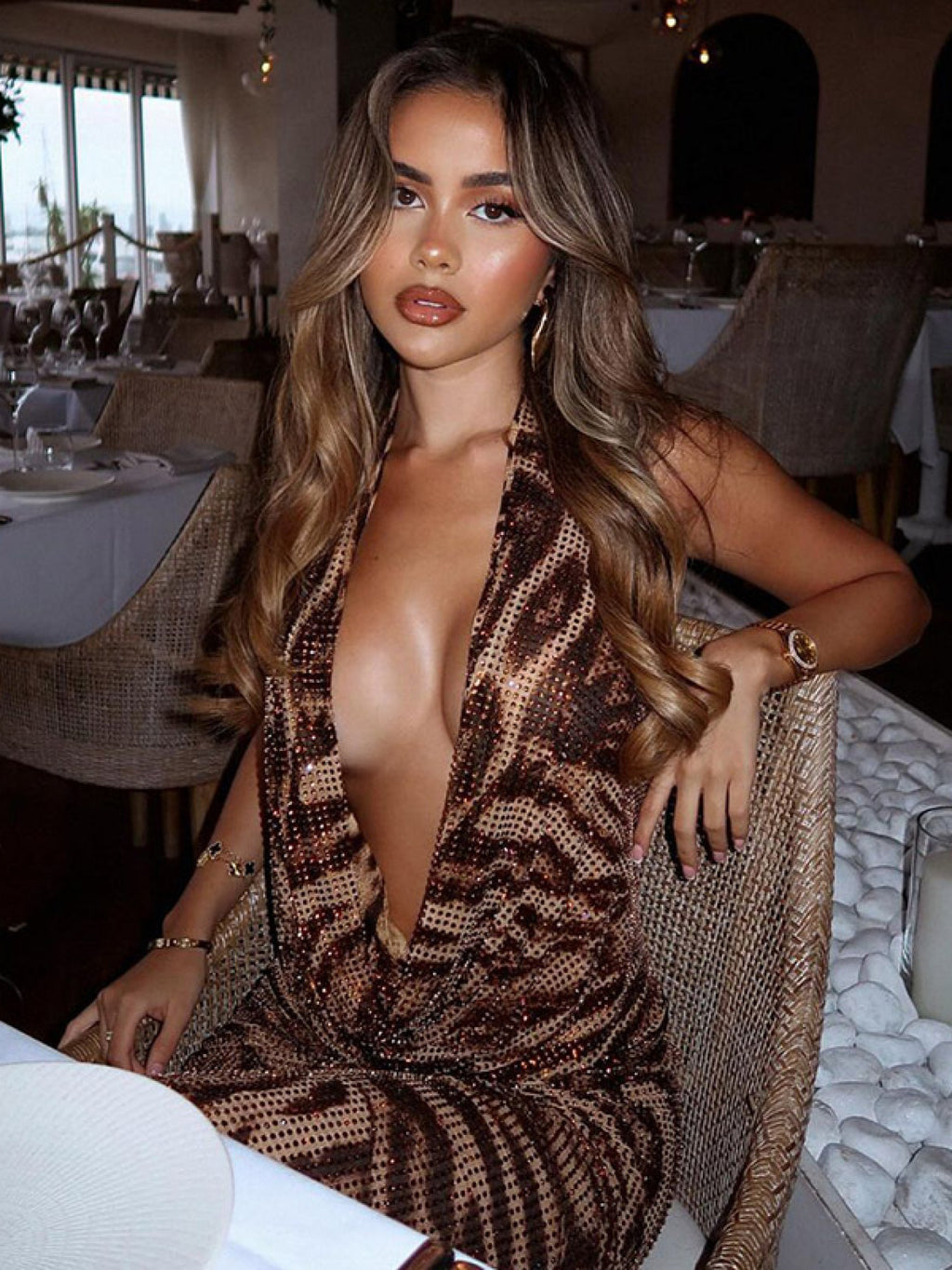 Halter Deep V Leopard Dress