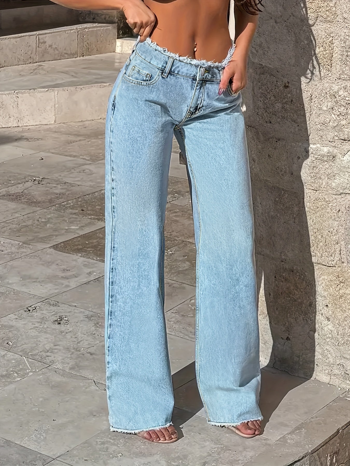 High-Waisted Wide-Leg Distressed Denim Jeans
