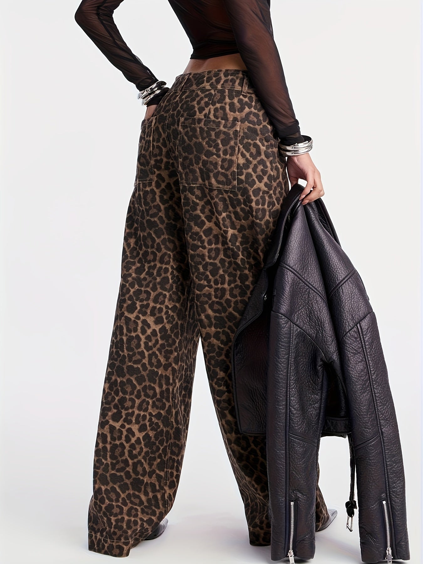 High-Waisted Loose-Fitting Leopard Print Wide-Leg Pants