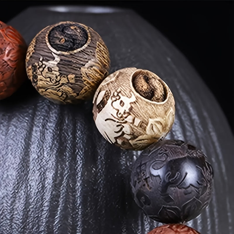Elegant Hand-Carved Wooden Character Beads Bracelet