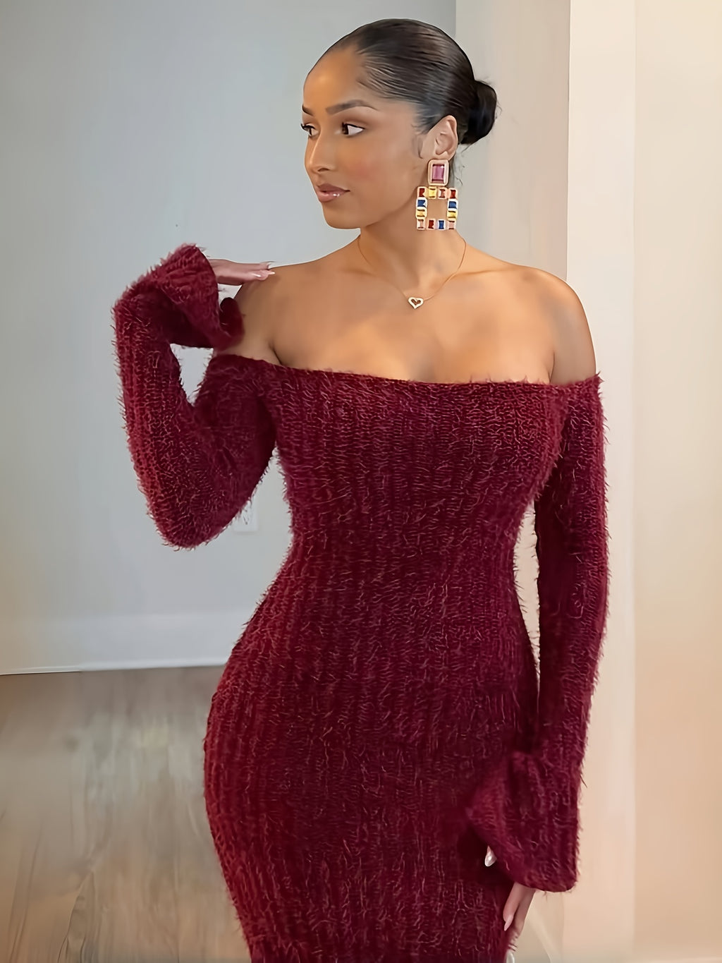 Off-the-Shoulder Burgundy Fuzzy Bodycon Dress