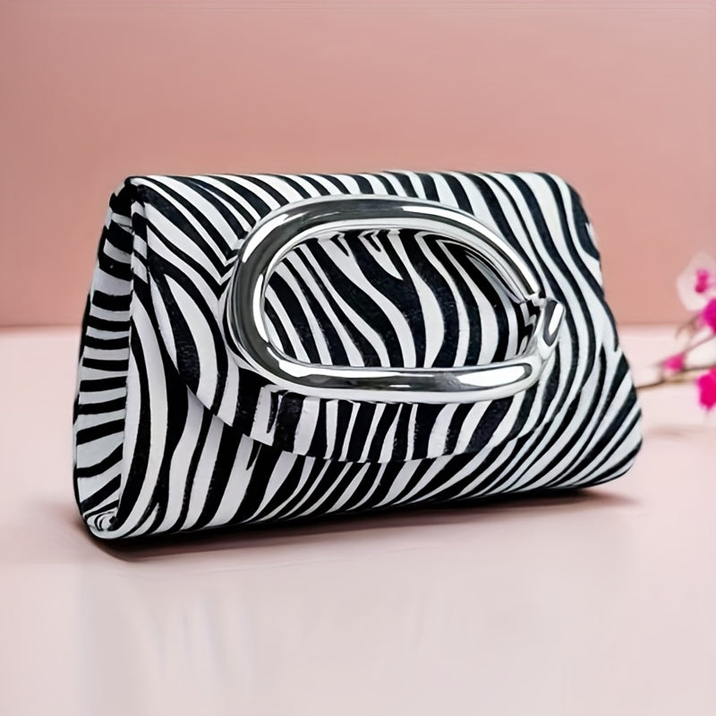 Women'S Elegant Evening Clutch Purse - Magnetic Closure & Detachable Chain Strap, Black & White Zebra Stripe Pattern, Corduroy Formal event bag for Parties, Weddings, Everyday - Luxury Party Handbag Gift for Women, Ladies Han