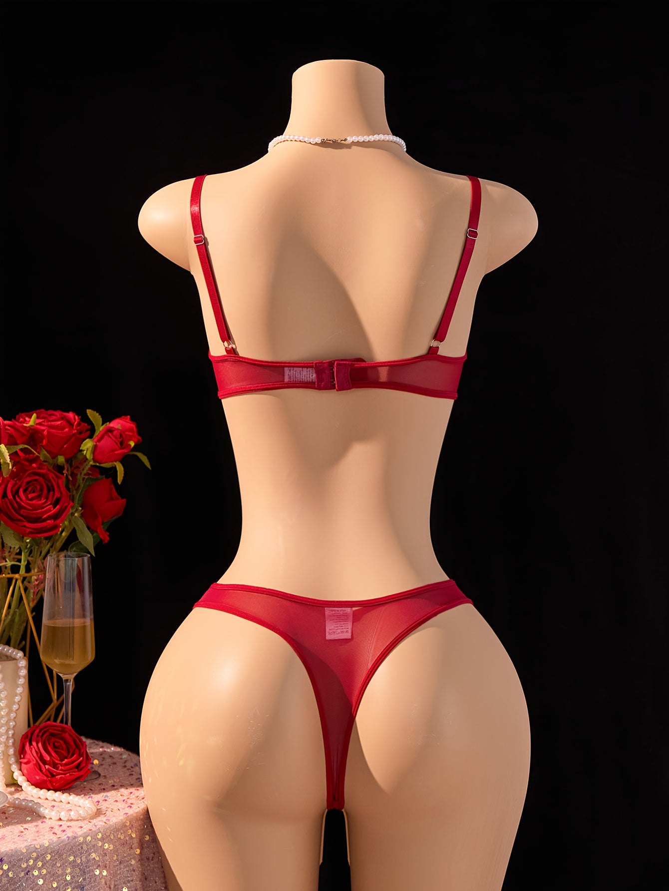 Classic Burgundy Floral Mesh Embroidered Lingerie Set