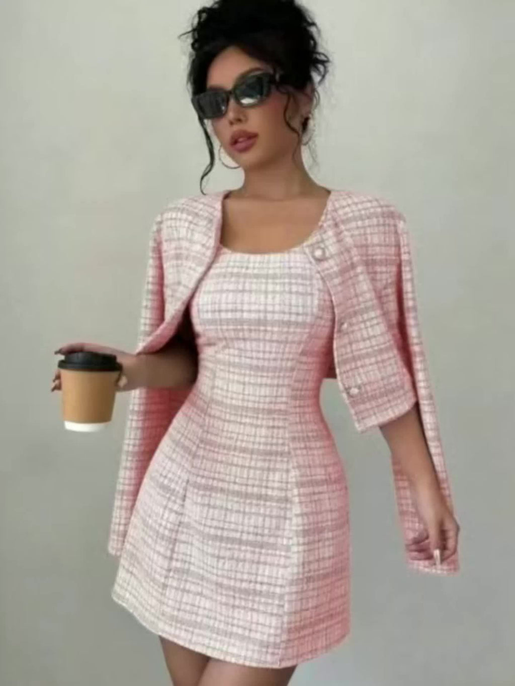 Women'S Fall/Winter Fashionable Elegant Dress Two- Piece Set- Single- Breasted Short Coat+ French Retro Tweed Dress