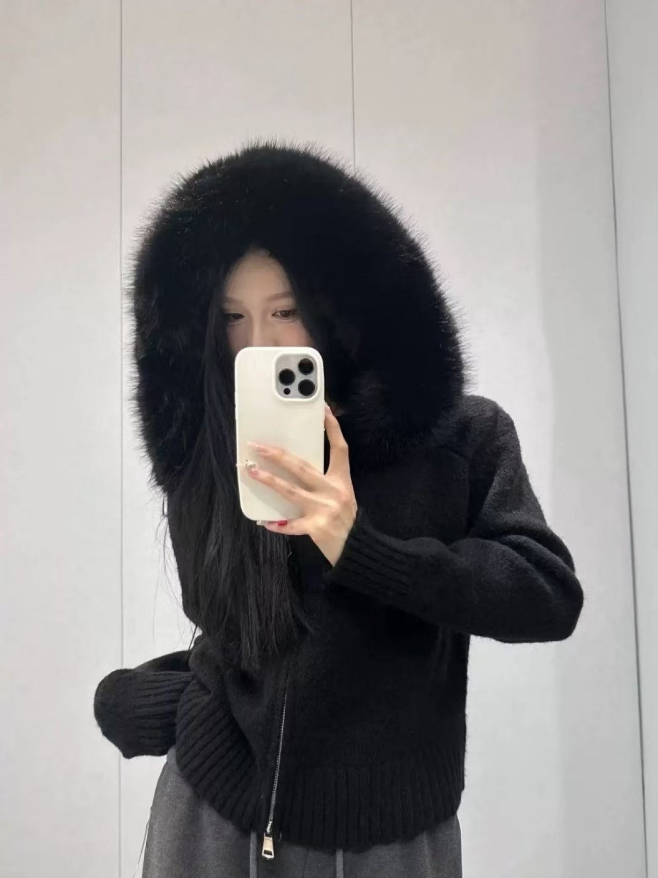 Women's Korean Retro Oversized Sweater Coat with Fur Collar & Hood - Long Sleeve Casual Winter Coat, Machine Washable Loose Fit Sweater Jacket for Women, Versatile Spring/Fall Outerwear (Black/White/Gray/Navy) - Solid Color D