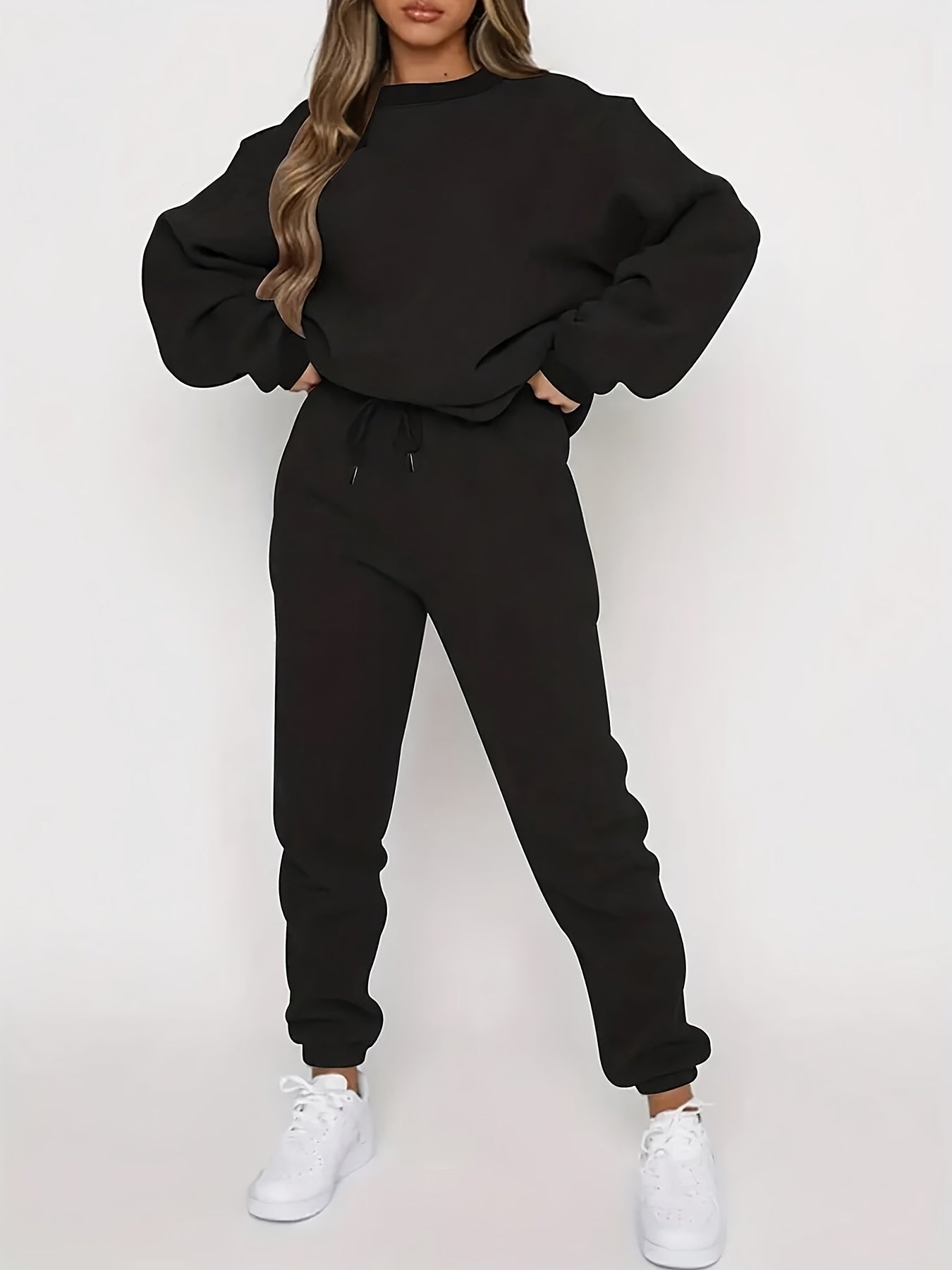 Solid Color Round Neck Sweatshirt and Sweatpants