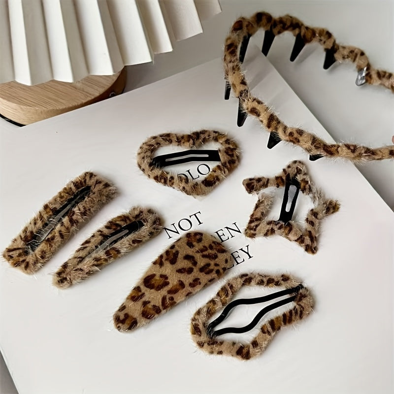6pcs/7pcs/12pcs Mixed Set Vintage Leopard Print Hairband and Claw Clips