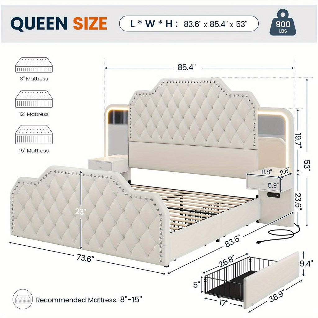 Queen Size Bed Frame with 4 Storage Drawers and LED Lights