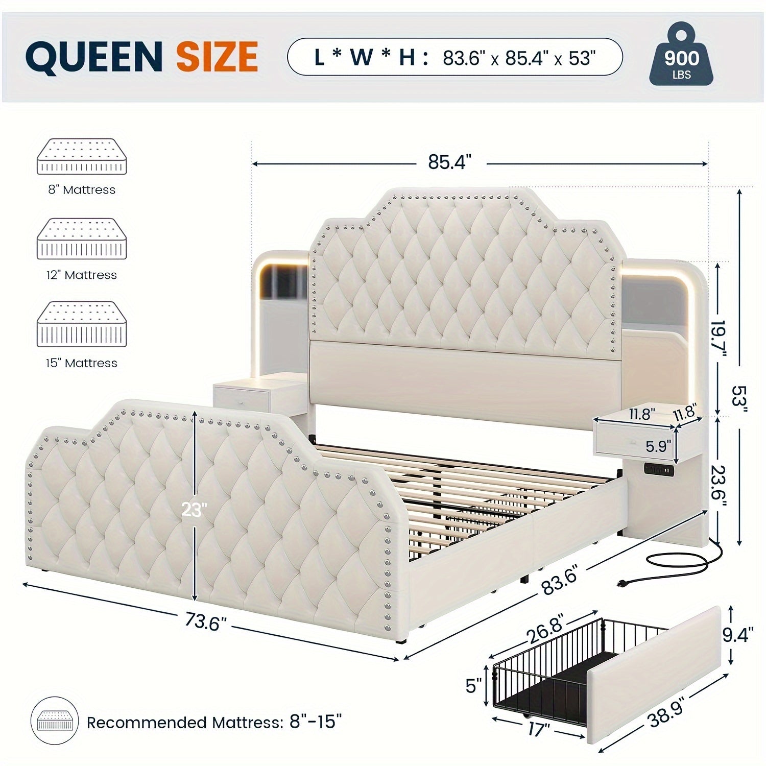 Queen Size Bed Frame with 4 Storage Drawers and LED Lights