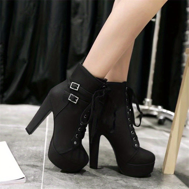 Women'S Solid Color Block Heeled Boots, Fashion Lace Up Short Boots, Comfortable Ankle Boots