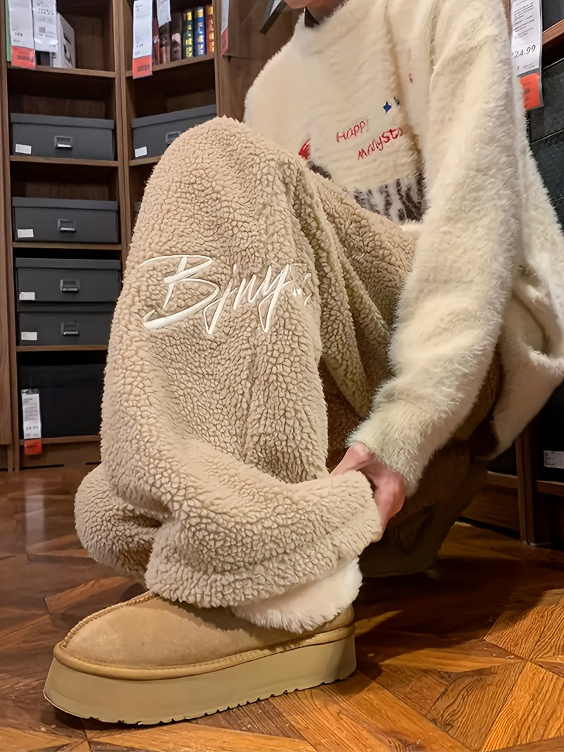 Fleece-Lined Embroidered Casual Pants