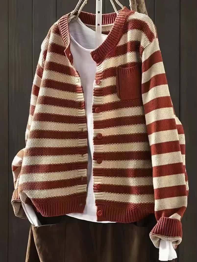 Retro Art Contrast Stripe Small Pocket Cardigan Sweater