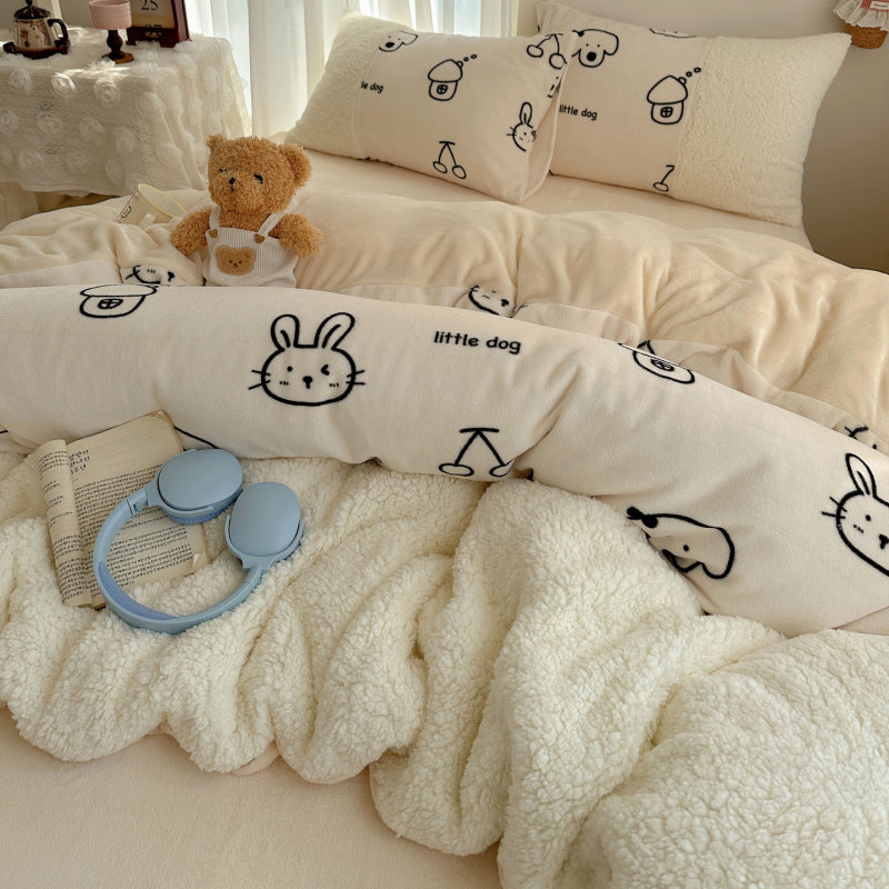 {3/4pcs} Cartoon Lambskin + Milk Velvet Set