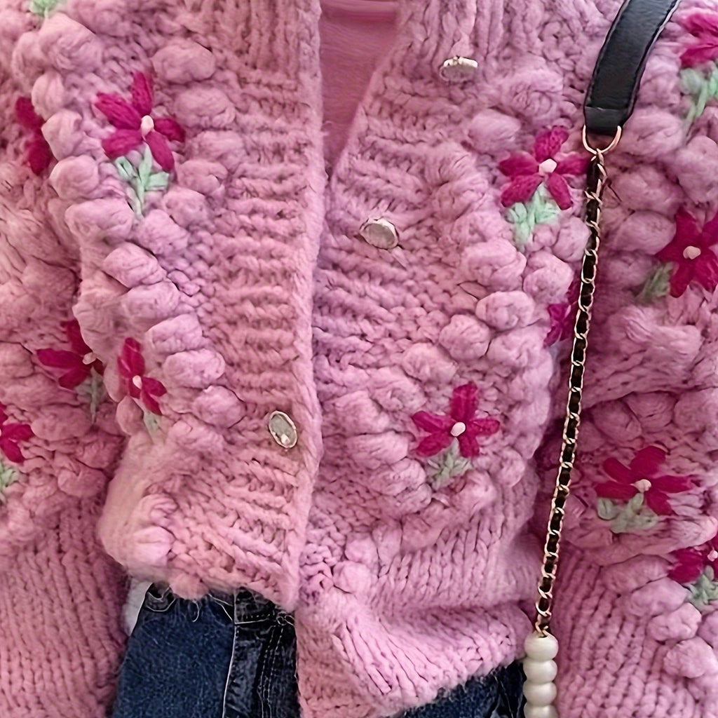 Women's Embroidered Floral Acrylic Cardigan - Cute Crew Neck Knit Sweater with 3D Flower Details for Fall/Winter
