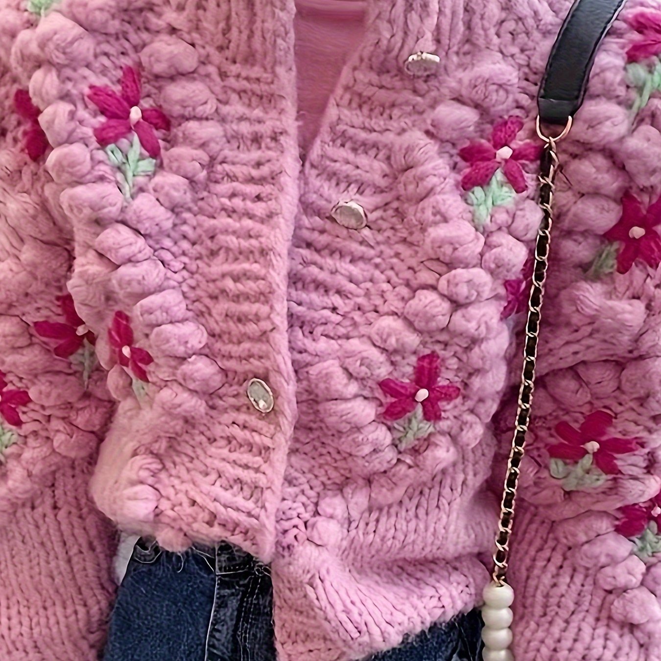 Women's Embroidered Floral Acrylic Cardigan - Cute Crew Neck Knit Sweater with 3D Flower Details for Fall/Winter