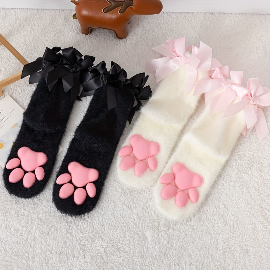 1 Pair Autumn Winter 3D Cat Paw Women'S Socks, Polyamide 100% Fuzzy Knit Fabric, Solid Color, Hand Wash or Professional Dry Clean
