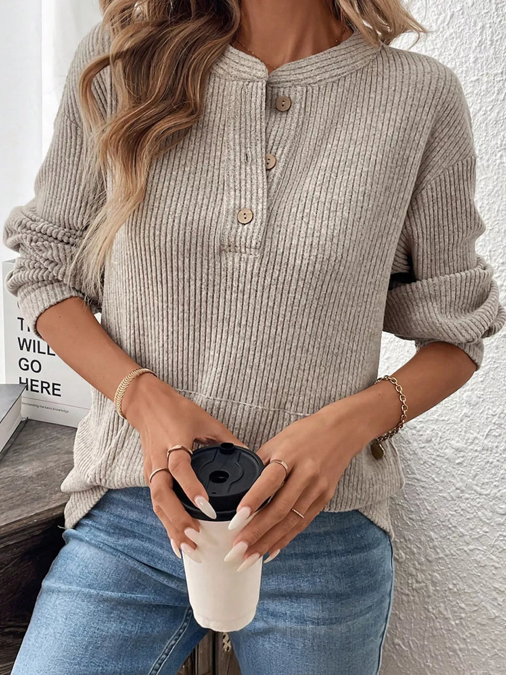 Button Detail Long Sleeve Top