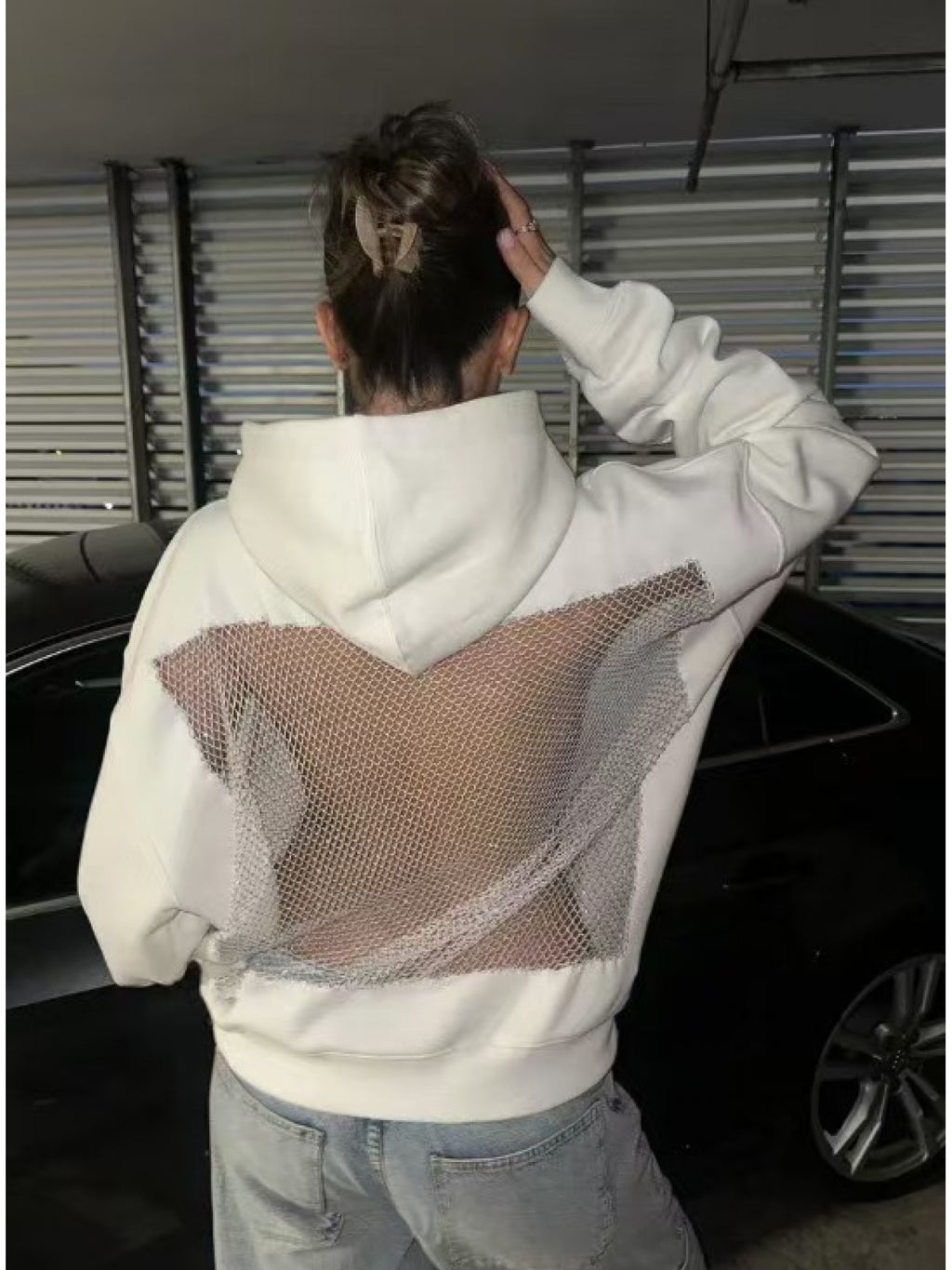Semi-Sheer Mesh Hooded Sweatshirt