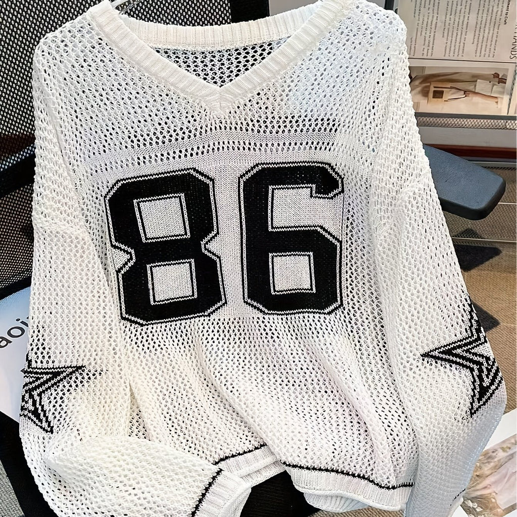 Women's Y2K Sweater - Semi-Sheer V-Neck Long Sleeve Pullover with Number Graphic, Non-Stretchy All-Season Top for Concerts, Parties, Everyday - White & Black Retro 2000s Outfit Essential, Sweater Tops for Women, Colourfull Lo