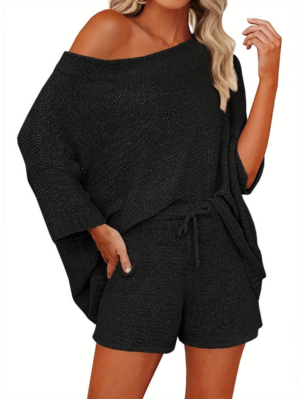 Women's 2pcs Outfits Sweater Sets Off Shoulder Knit Top Shorts Matching Suits Cute Pajama Lounge Set