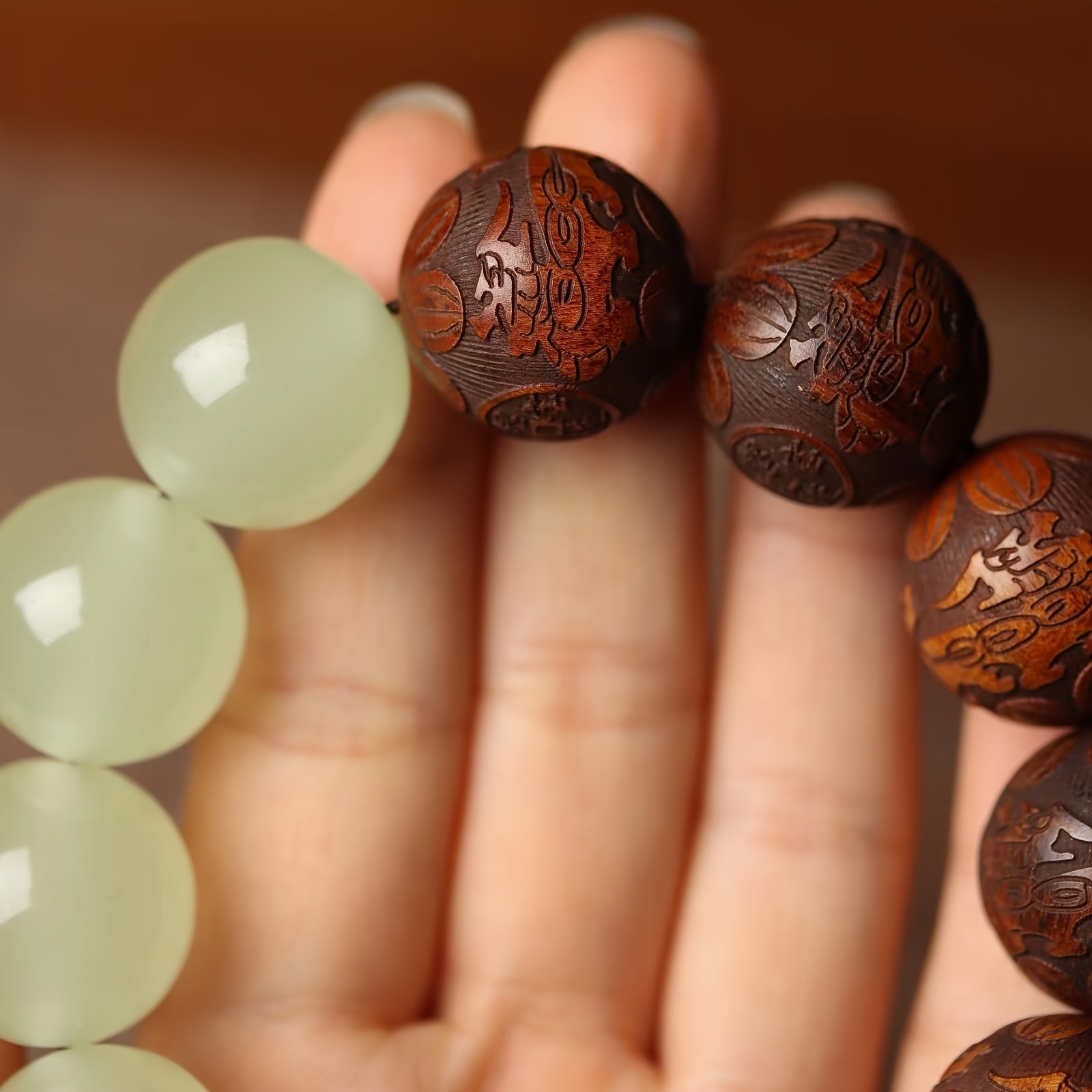 Sandalwood Pear Wood Carved Luminous Beads String with Fortune Words
