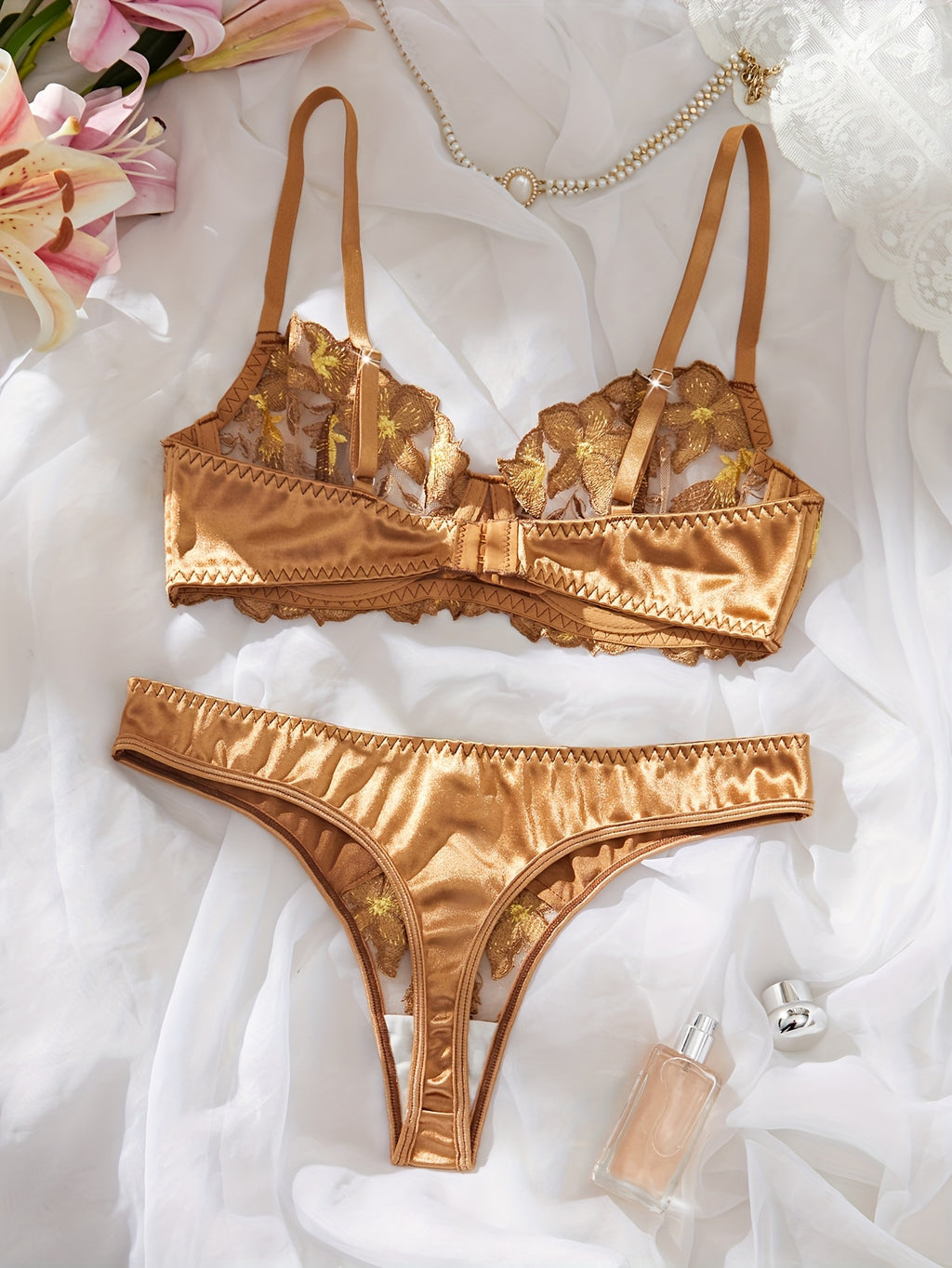 Bronze Floral Embroidery Lingerie Set