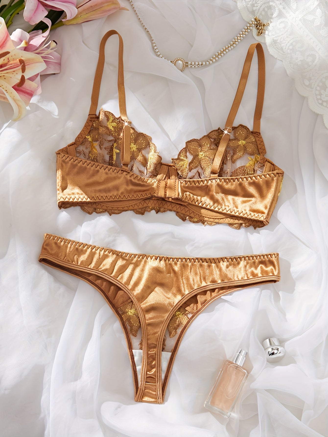 Bronze Floral Embroidery Lingerie Set