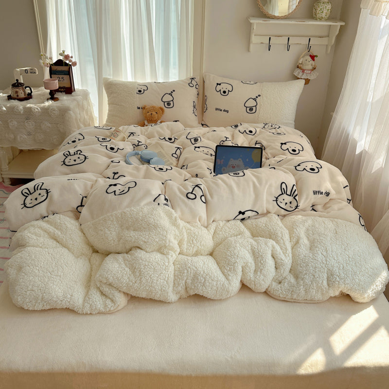{3/4pcs} Cartoon Lambskin + Milk Velvet Set