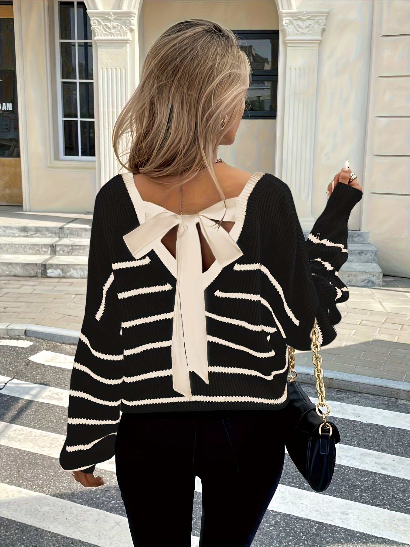 Women'S Elegant French-Inspired Striped V-Neck Sweater with Tie-Back Detail - Casual Long Sleeve Pullover for Fall/Winter, Black & White Vertical Stripes, Button-Up Front, Loose Fit, Casual Winter Wear | Vneck Sweater | Const
