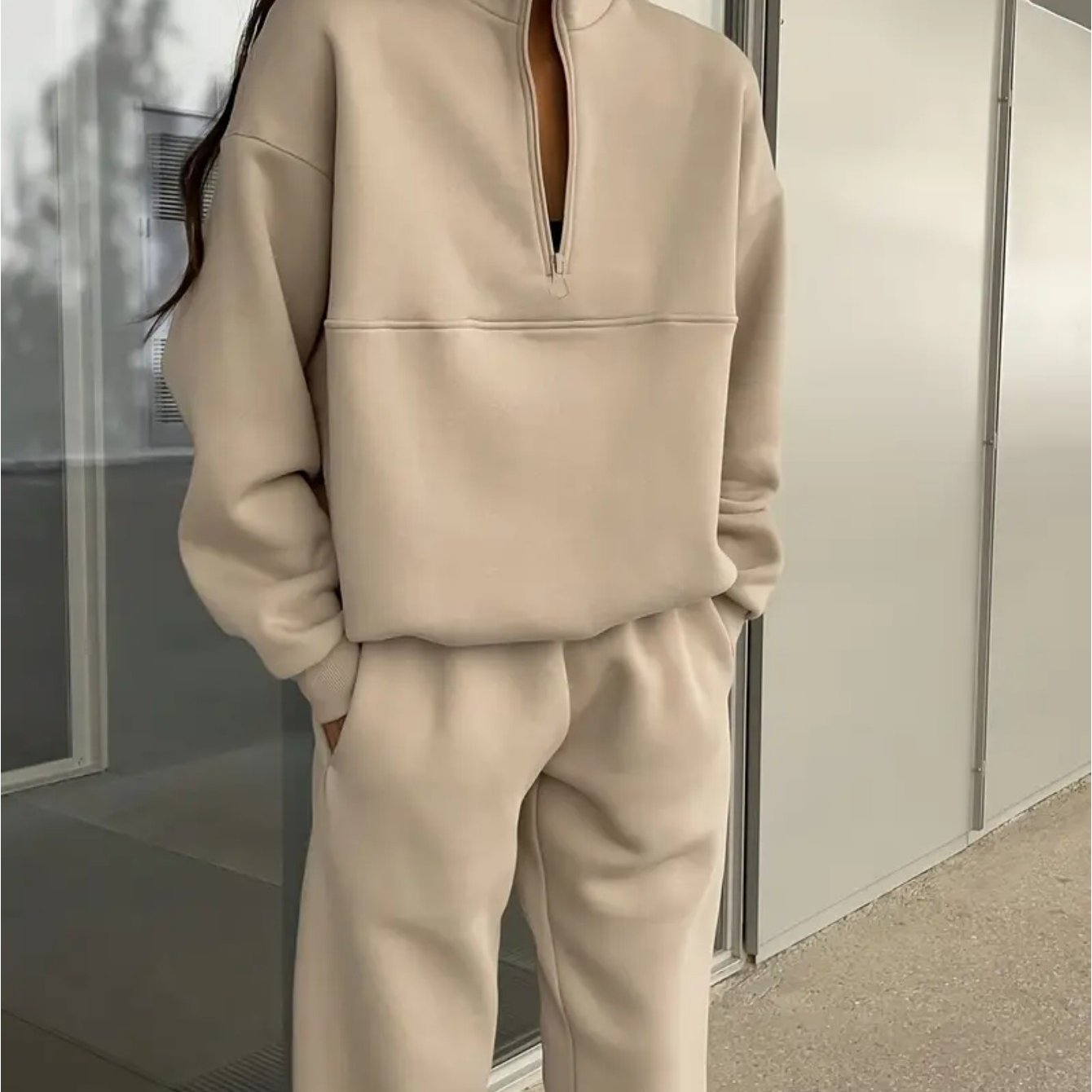 Two-Piece Zip-Up Lapel Solid Color Casual Suit