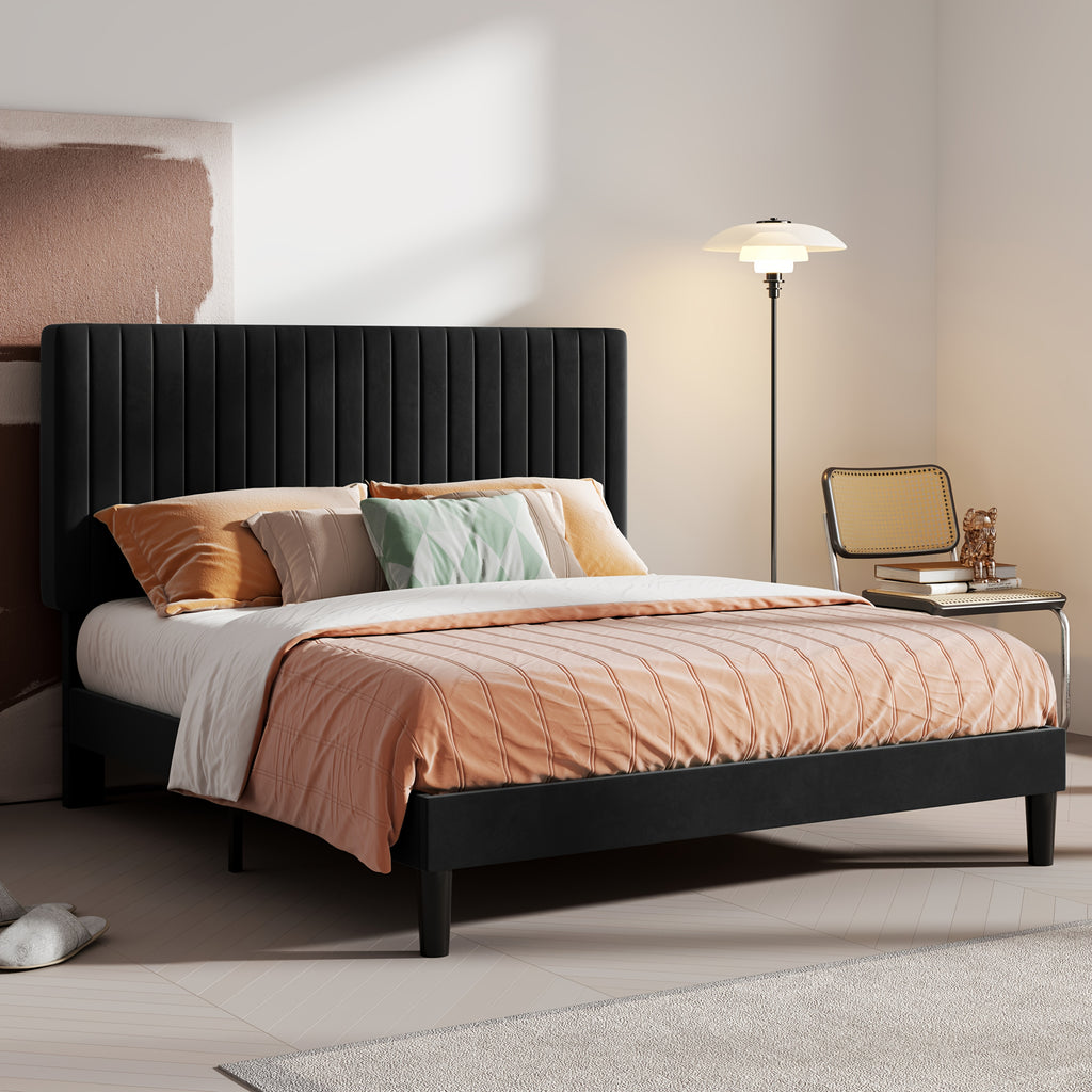 Modern Velvet Upholstered Bed Frame with Adjustable Headboard