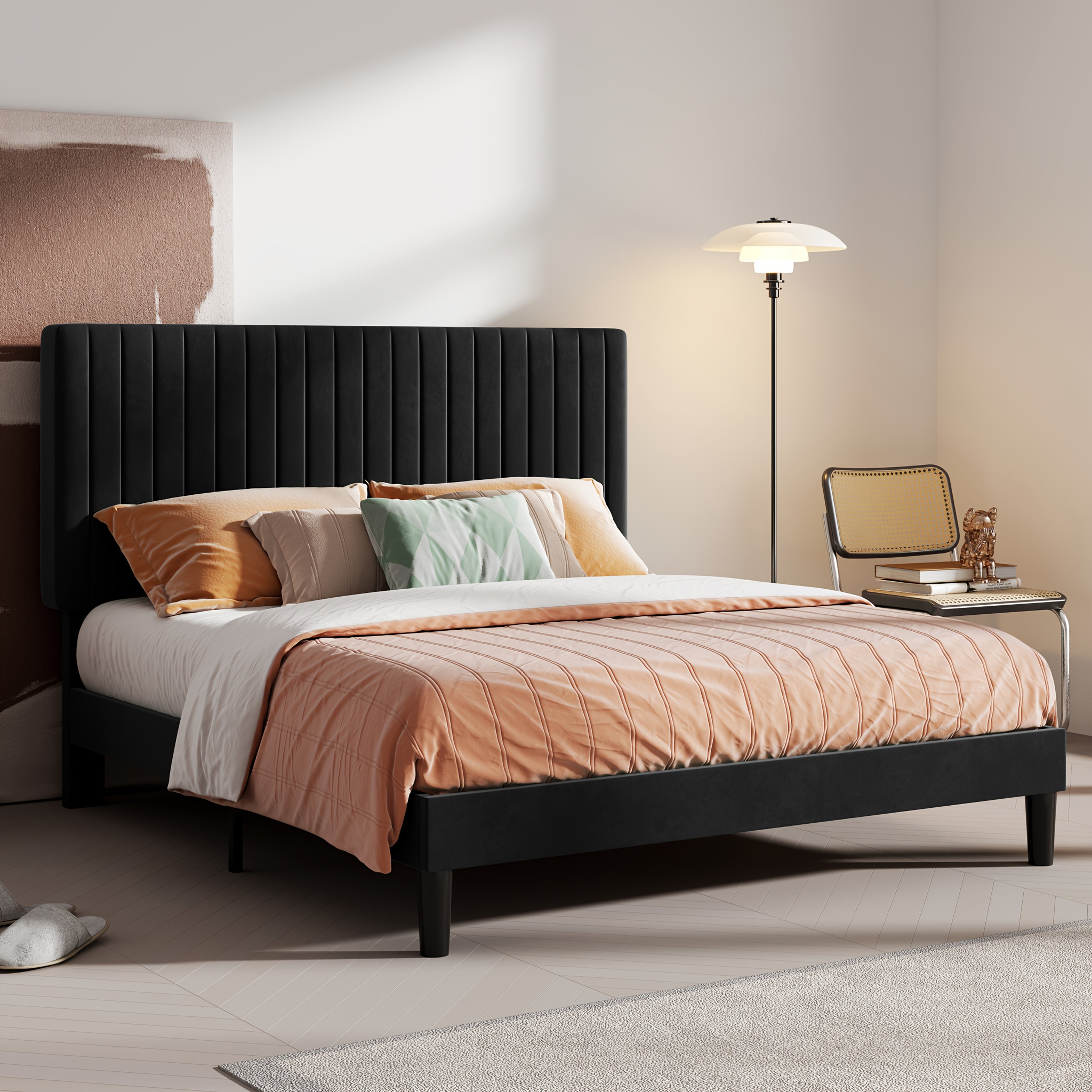 Modern Velvet Upholstered Bed Frame with Adjustable Headboard