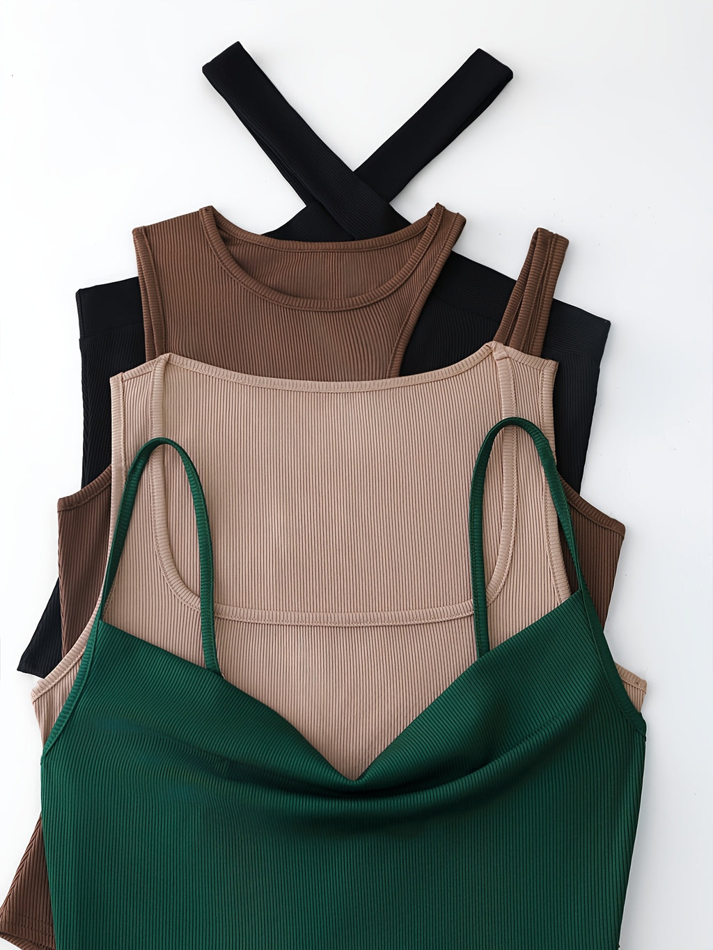 Women's 4pcs Sleeveless Square Neck Crop Top Camisole Cross-Back Bodycon Jumpsuit Set in Various Styles