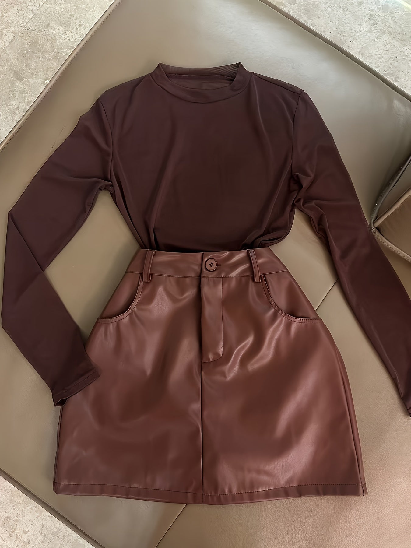 Semi-Sheer Mesh Pullover Long Sleeve T-Shirt + Waist Bag Skirt Set