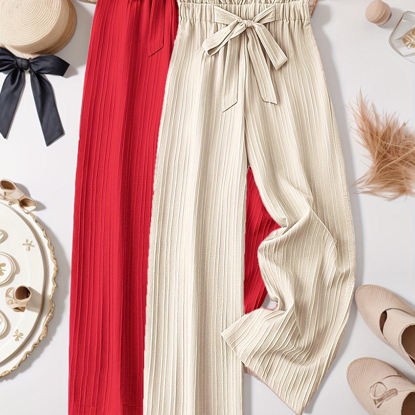 Two-Pack Pleated Striped Pants with Bow Detail