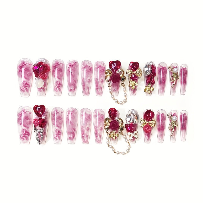 {24pcs} Three-Dimensional Love Bow Imitation Wearable Long Ballet Style Manicure (Including Mini Nail File And Jelly Glue)