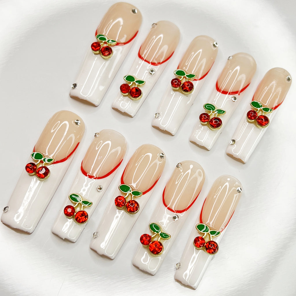 10pcs 1.6in Cherry Chic – Red Rhinestone Cherry Press-On Nails with French Tips