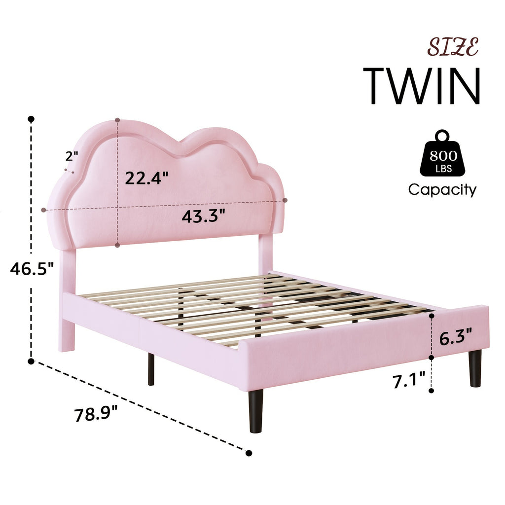 LUXOAK LED-Illuminated Twin Bed Frame with Velvet Cloud Headboard, Pink Platform Design - Easy DIY Assembly, Under-Bed Storage, Modern Hardwood Construction, Box Spring Optional