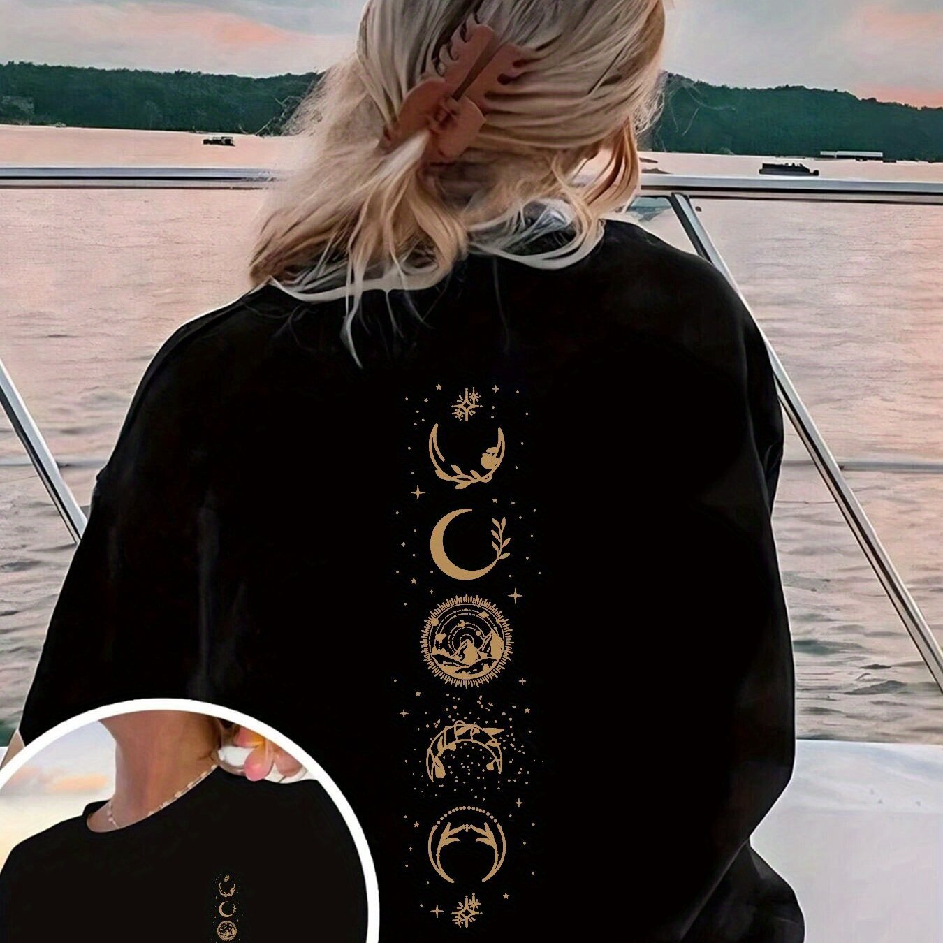 Casual Short Sleeve T-Shirt with Celestial Moon & Star Print