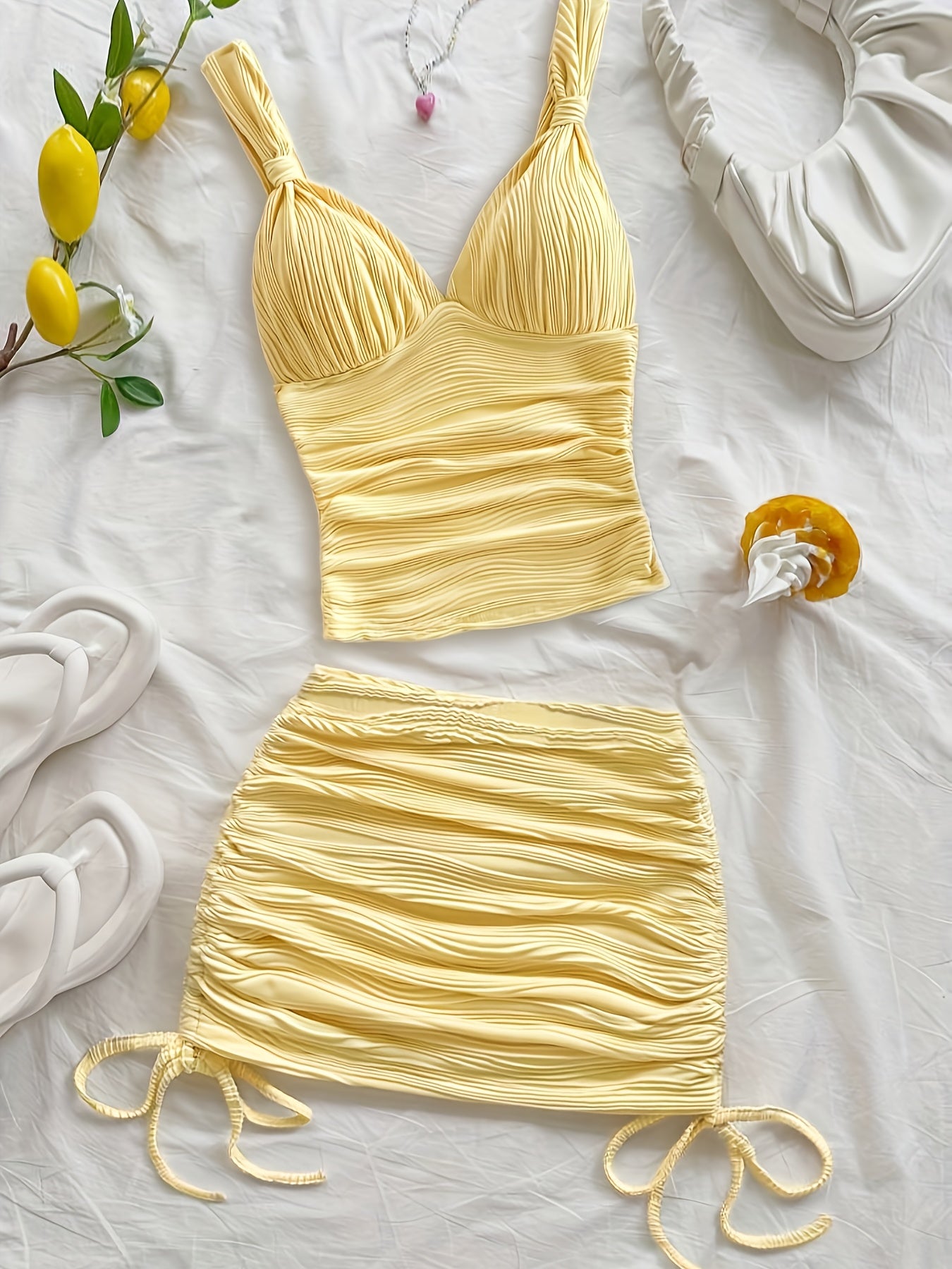 Women's Solid Color Pleated Vest and Drawstring Slim Skirt Set, Two-Piece